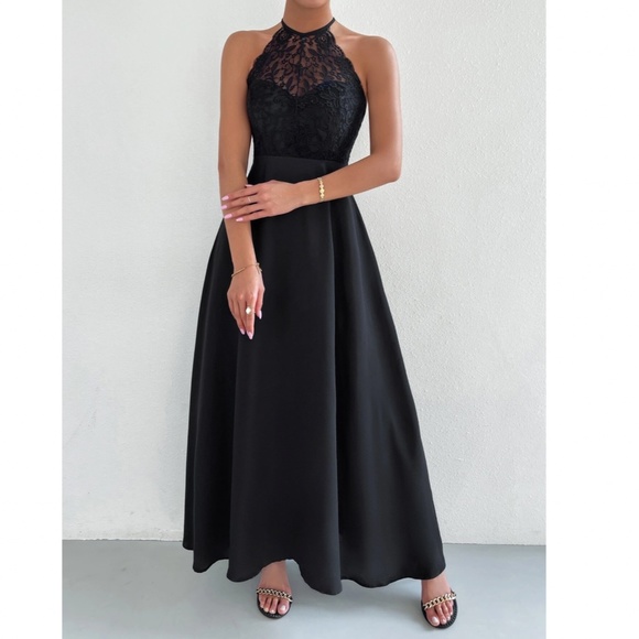 Black Elegant Maxi Dress Lace Halter Neckline Tie Back Backless Flared Long - Picture 7 of 10